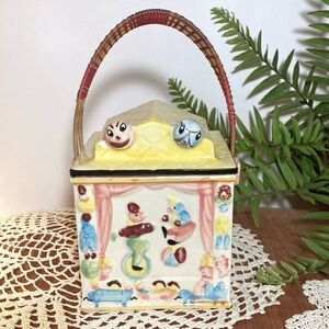 Vintage Circus Clown House Biscuit Cookie Jar With Wrapped Handle